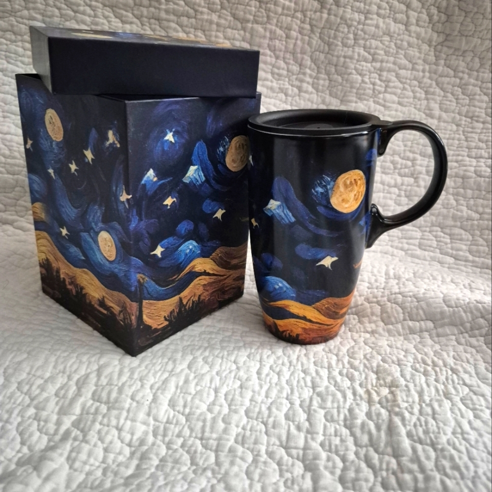 Starry Night Ceramic Mug With Lid And Matching Gift Box. New Never Used